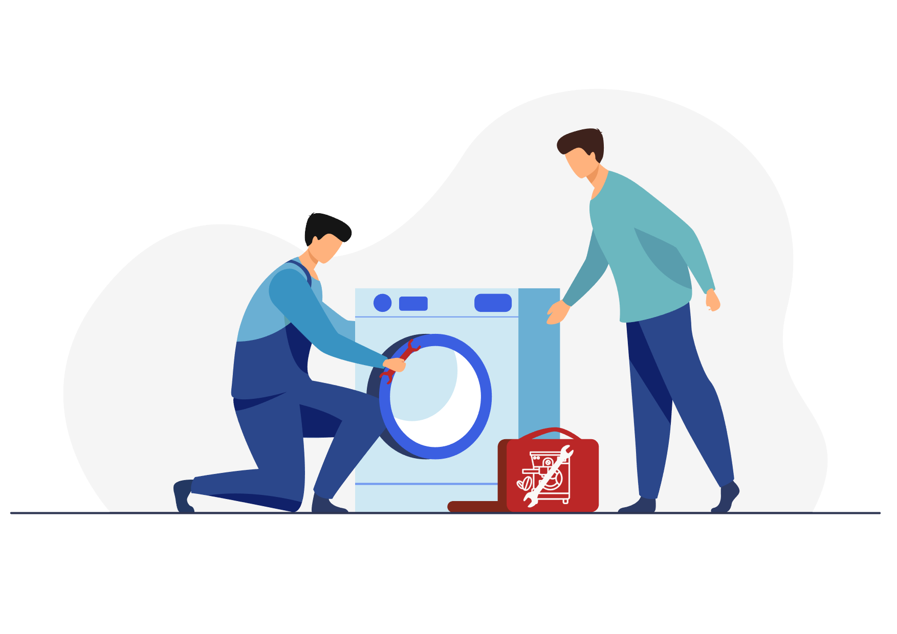 Illustration_Baraghid2 Schematische Illustration eines Technikers der ein Hausgerät repariert und der Kunde schaut zu